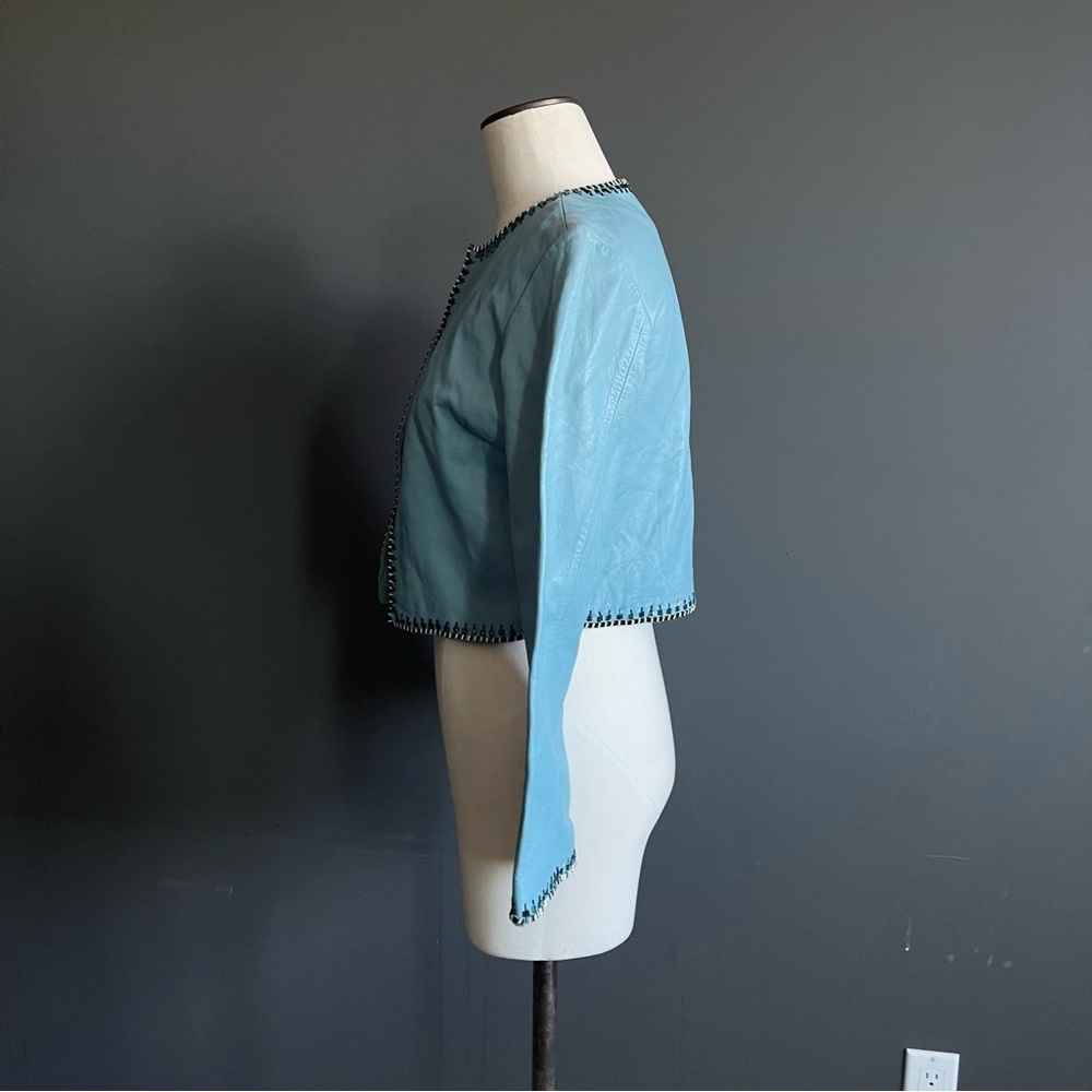 Jane Doe Collection Sky Blue Beaded Trim Cropped Leather Jacket Coastal Cowgirl - Picture 4 of 8